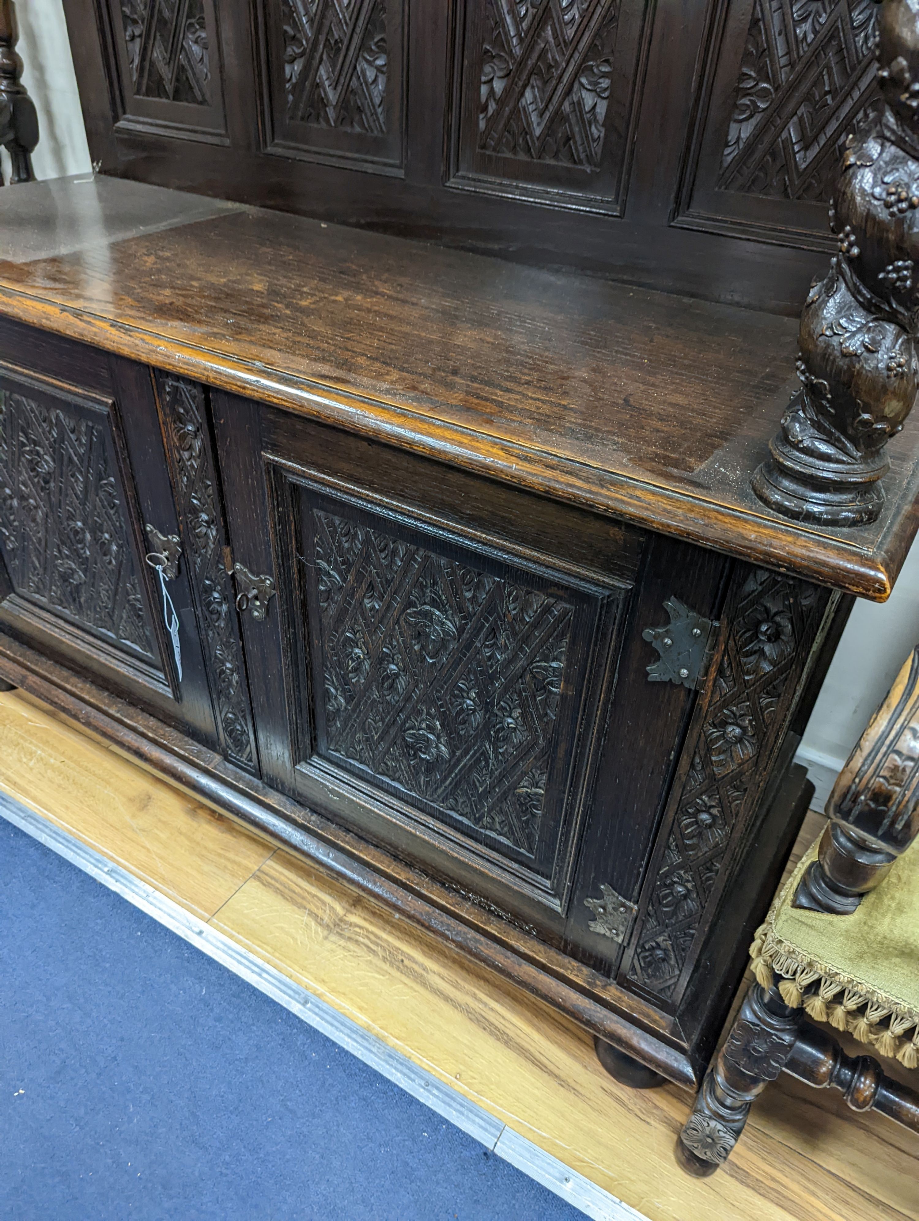 An 18th century and later oak buffet, length 140cm, depth 46cm, height 135cm